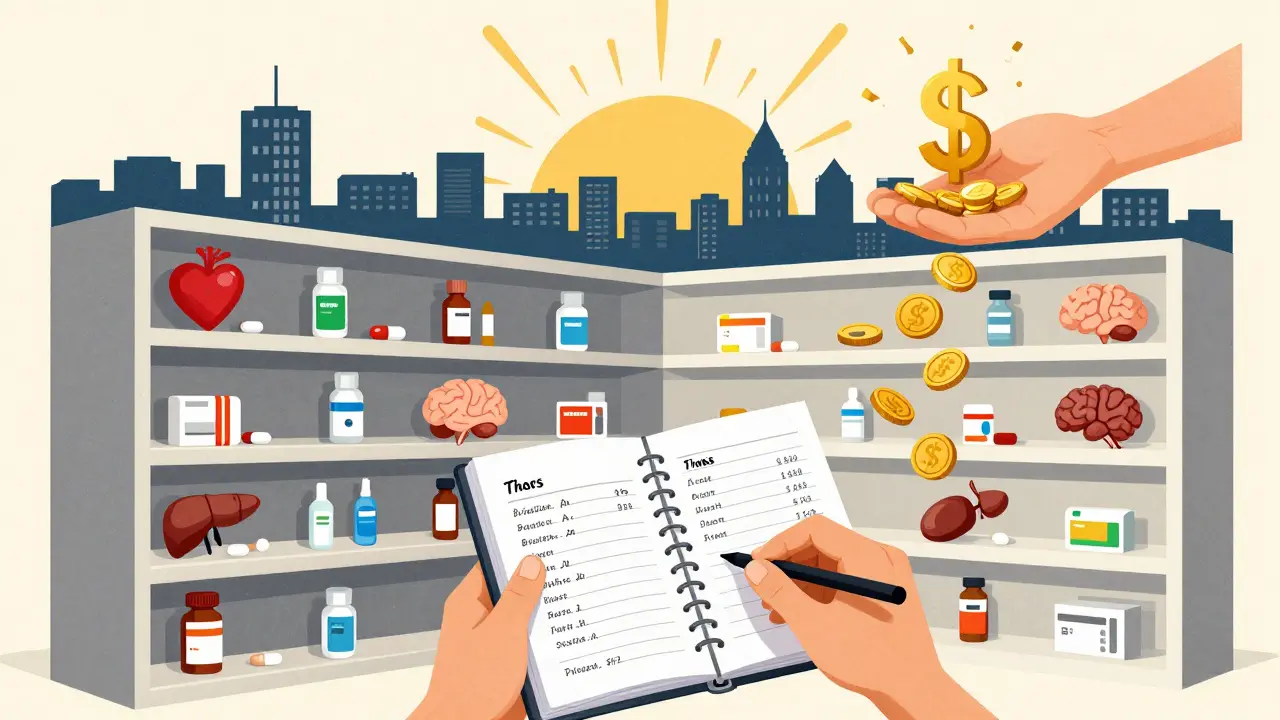 Person holding a notebook beside an abstract pharmacy shelf where medications are represented as symbolic icons under a rising sun of coins.