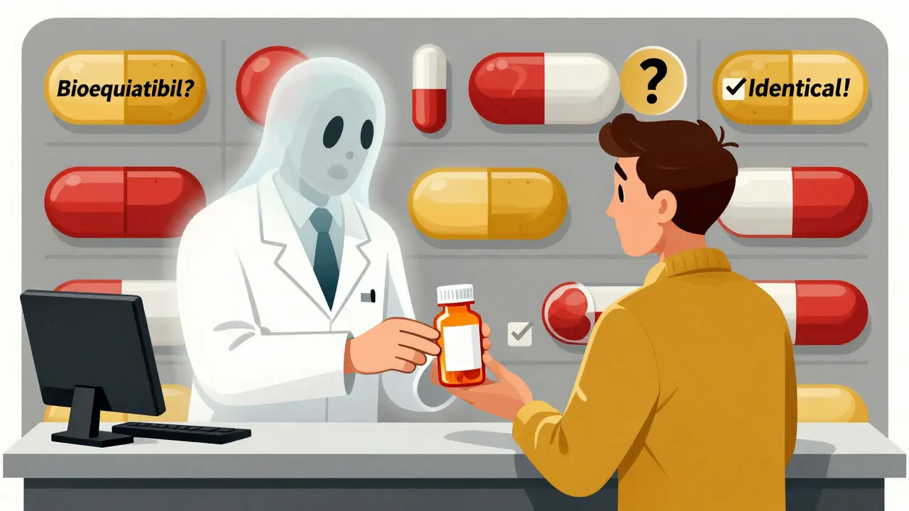Pharmacist handing a plain-labeled pill bottle while a ghost image of the brand fades behind.