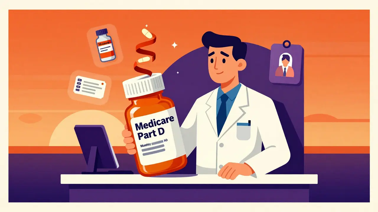 Pharmacist holding a Medicare Part D pill bottle with a monthly payment spiral, surrounded by icons of savings and assistance.