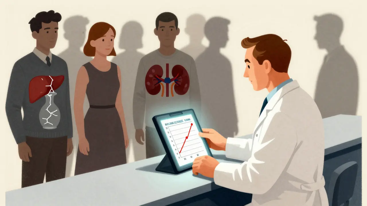 Pharmacist monitoring cumulative drug doses on a glowing ledger, patients cast symbolic shadows.