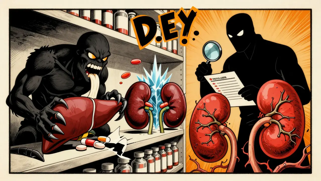 Pills transforming into destructive creatures attacking organs on a fractured pharmacy shelf, illustrated in dramatic poster style.