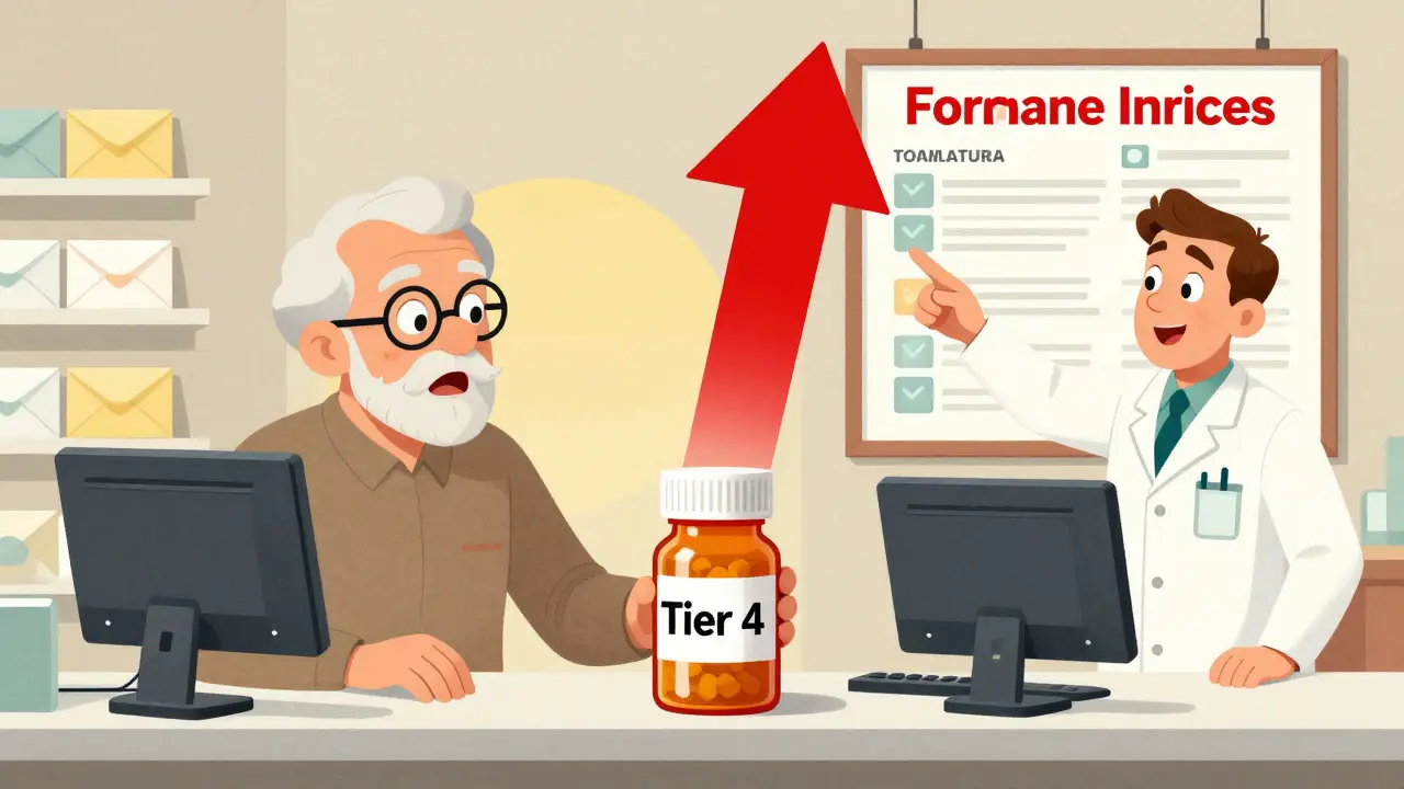 Senior at pharmacy counter shocked as prescription tier jumps from green to red with pharmacist guiding them.