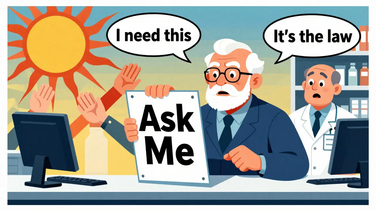 Senior citizen advocating for accessible labels at a pharmacy counter, with symbolic suns and hands representing rights and community support.