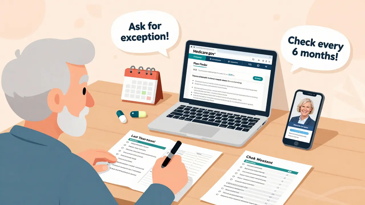 Senior comparing yearly formulary lists at home with printed sheets, laptop, and phone showing support resources.