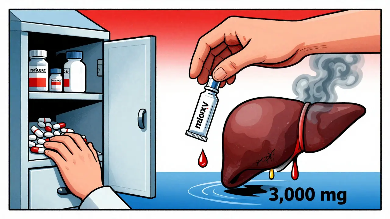 Split image showing hidden acetaminophen in everyday meds and a crumbling liver, with a naloxone kit falling from above.