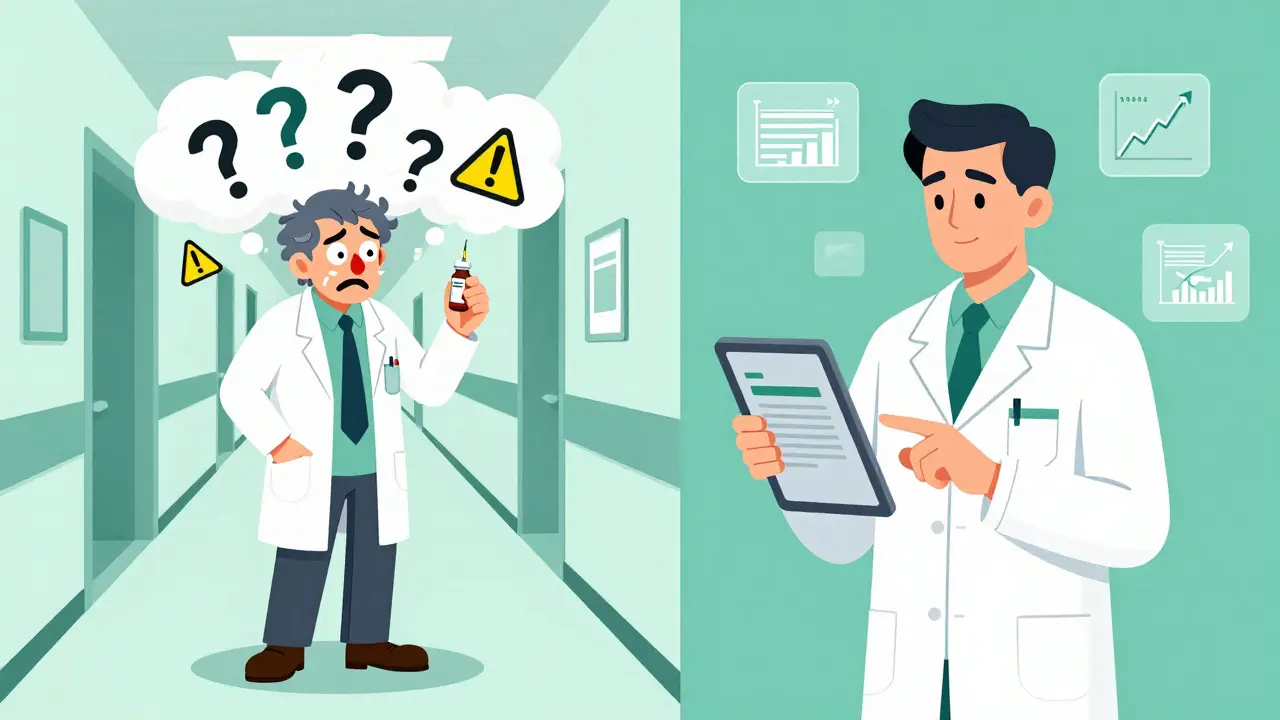 Split scene: chaotic doctor with expired drug vs. calm pharmacist using a protocol tablet, symbolizing order in medication transitions.