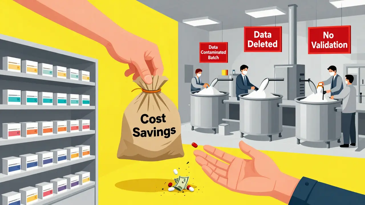 Split scene: clean U.S. pharmacy vs chaotic Chinese API factory with floating warnings and a hand dropping money, as a patient’s hand reaches for crumbling pills.