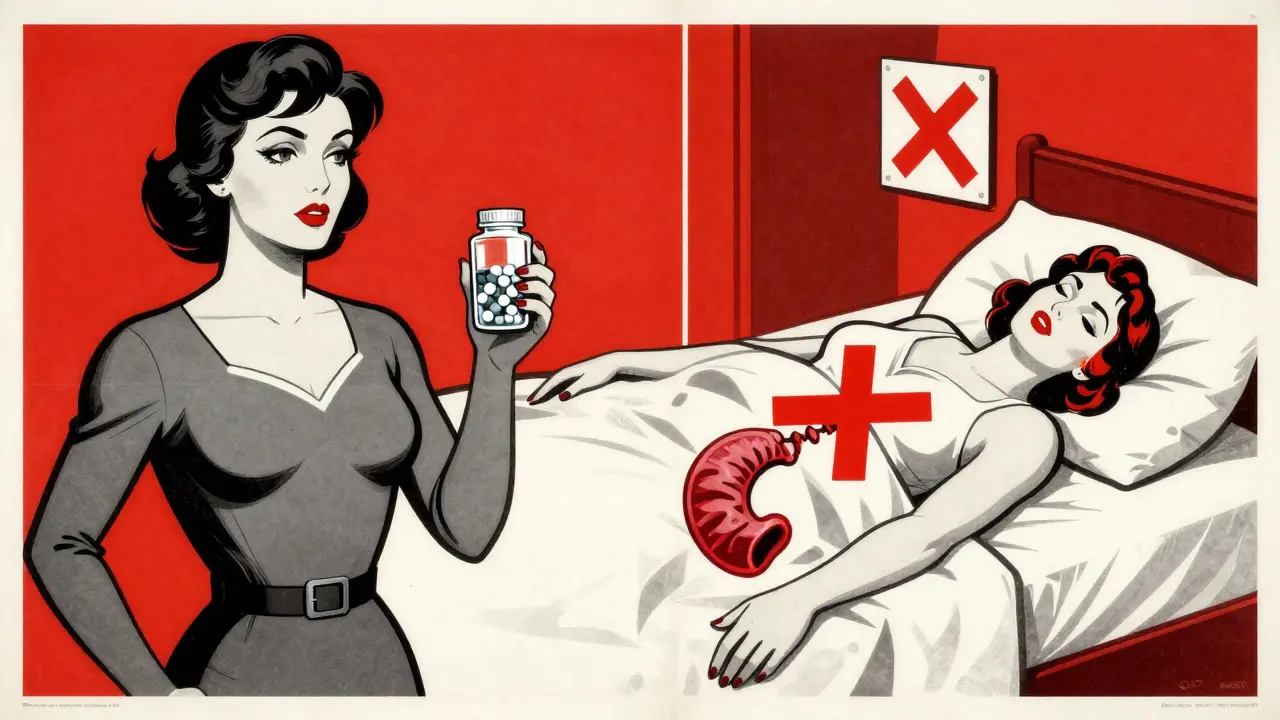 Split scene: woman taking osteoporosis pill correctly vs. suffering side effects with symbolic warnings.