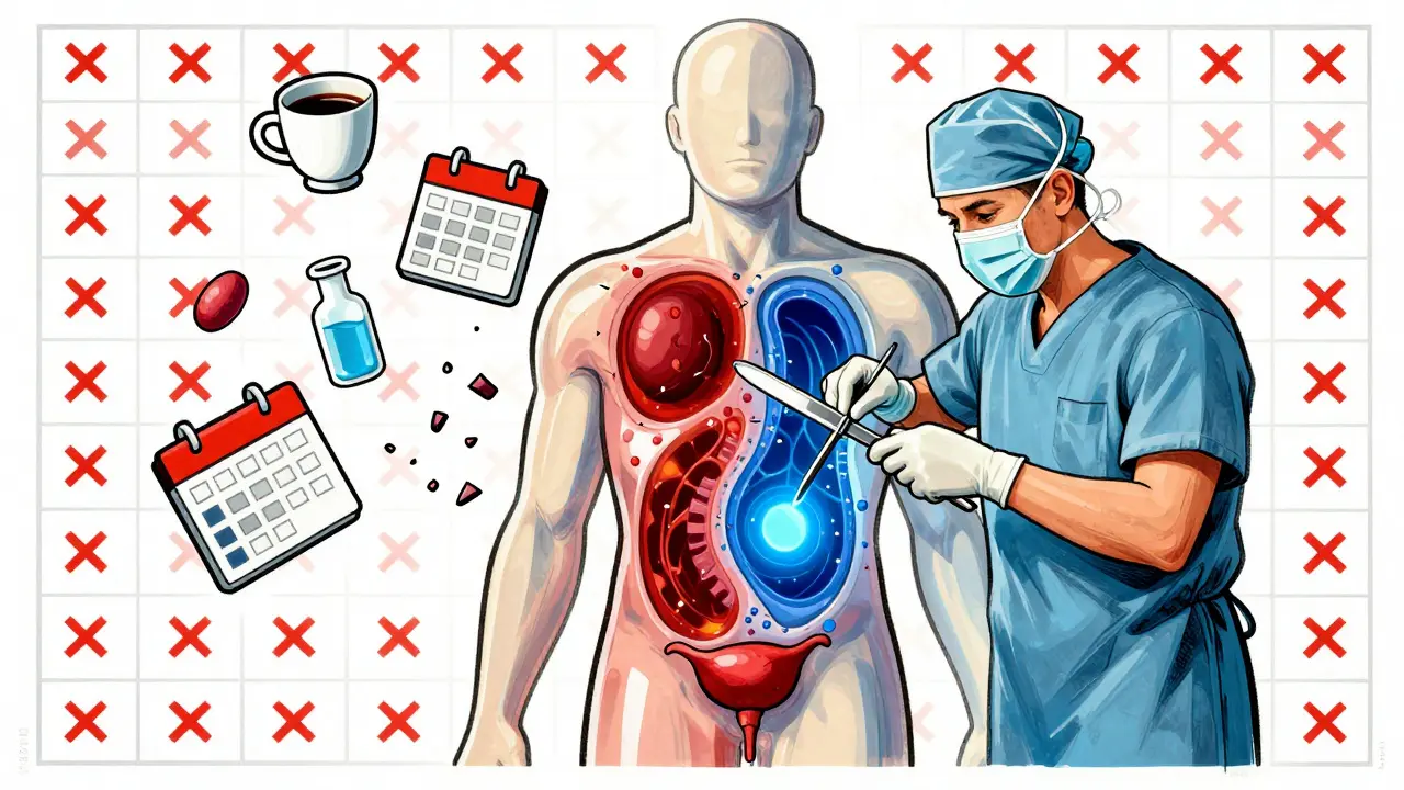 Surgical scene showing endometriosis and IC lesions fused on the bladder wall, with shattered icons of triggers like coffee and menstrual calendar.