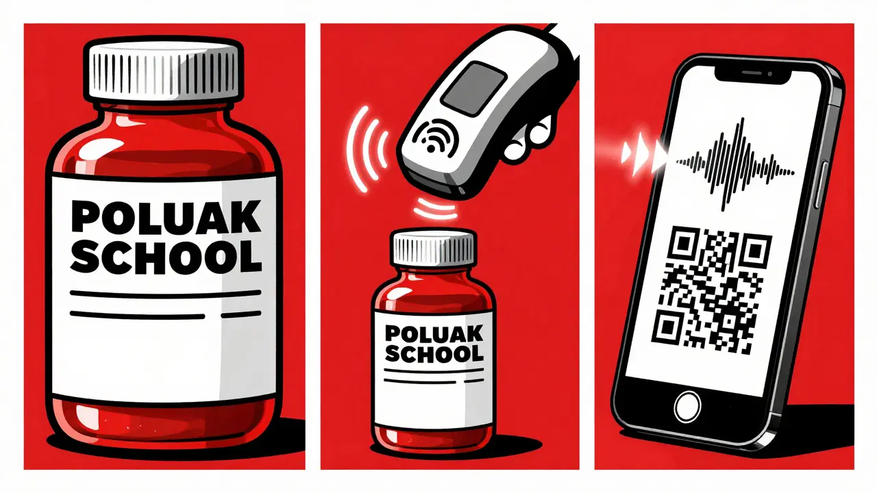 Three types of accessible prescription labels: large print, audible RFID reader, and QR code smartphone scan, illustrated in high-contrast stylized form.