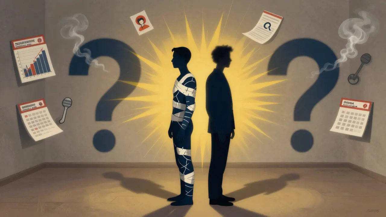 Two abstract human silhouettes with surgical and radiation shadows forming question marks, medical icons dissolving around them.