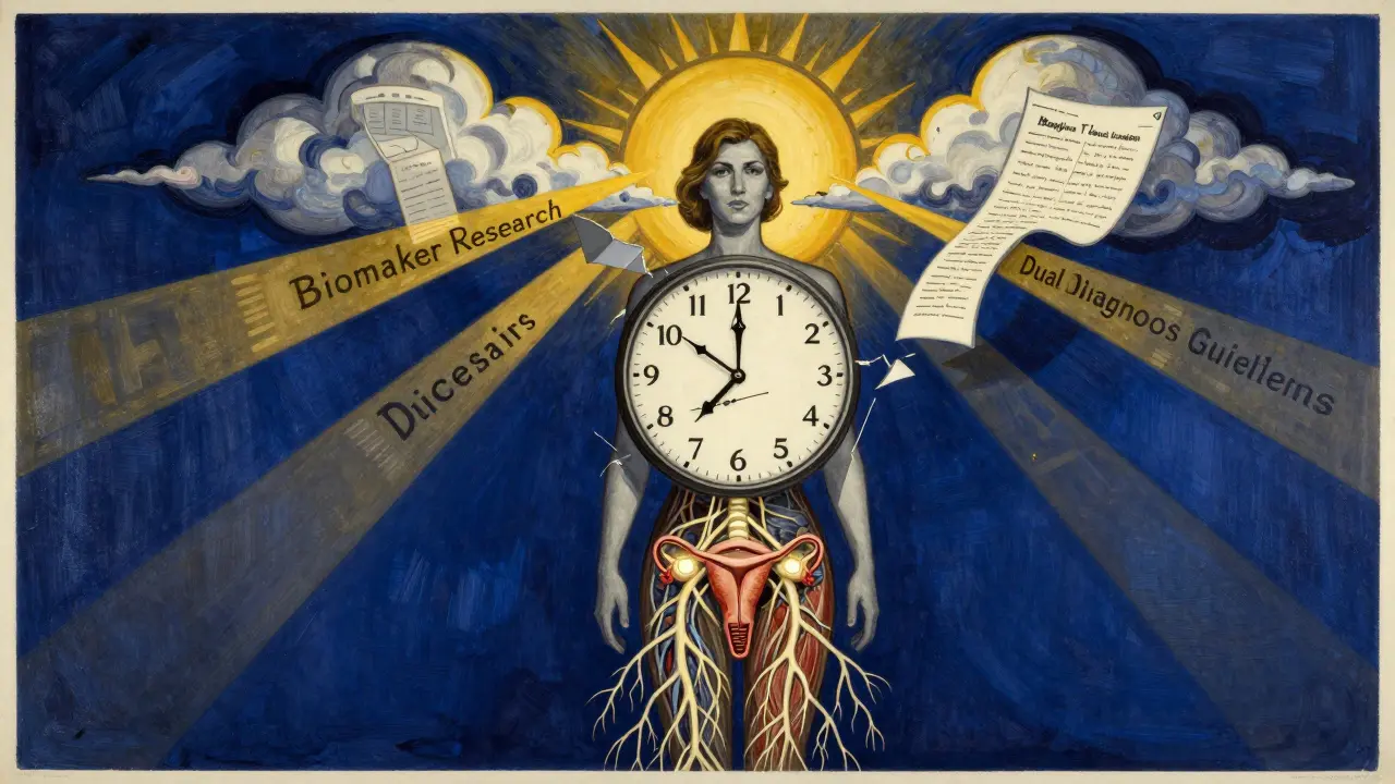 Woman at center of broken clock showing years of misdiagnosis, with nerve roots connecting organs as sunlight breaks through medical chart clouds.