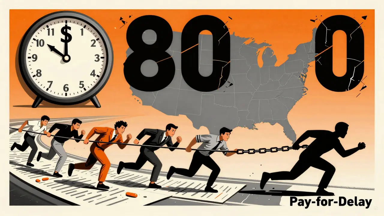 A 180-day clock with dollar sign hands as generic companies race past a 'Pay-for-Delay' figure.