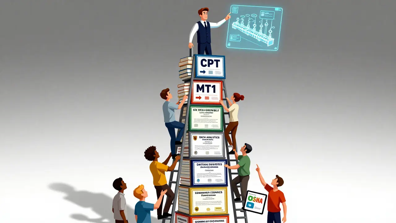 A ladder of certifications rises like a skyscraper, with workers climbing toward a holographic production line.