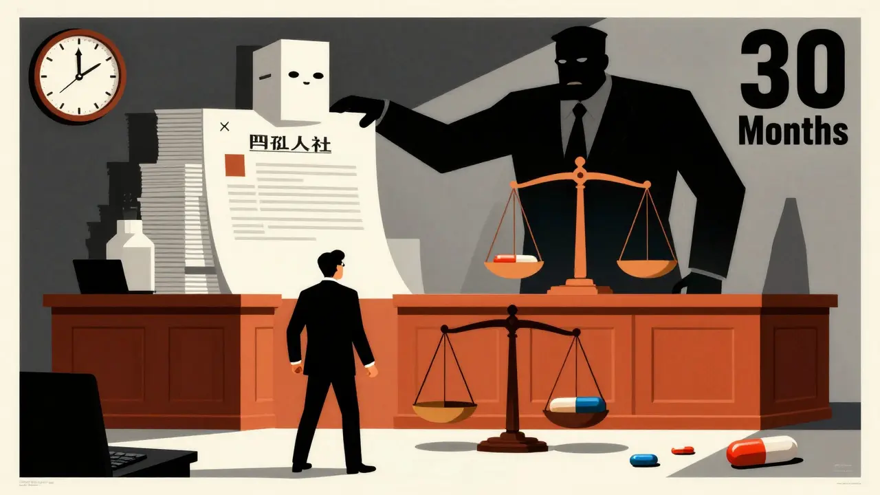 A lone lawyer facing a giant made of patents in a stylized courtroom scene, Polish poster art.