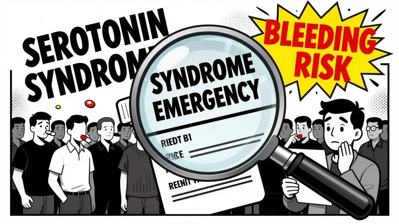 A magnifying glass revealing explosive warning text on a prescription label, while others blindly take pills, rendered in high-contrast Polish poster style.