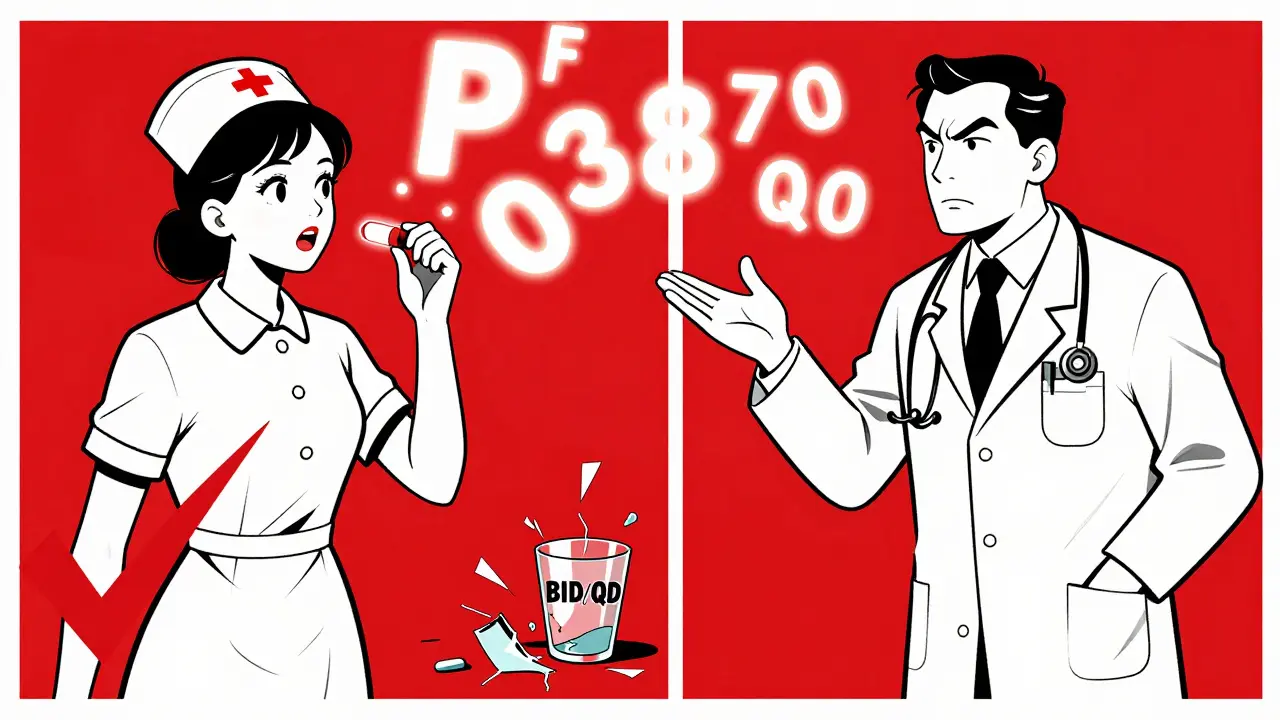 A nurse verifies a verbal order with spoken spellings and numbers glowing in air, while a doctor shows impatience beside a broken abbreviation sign.