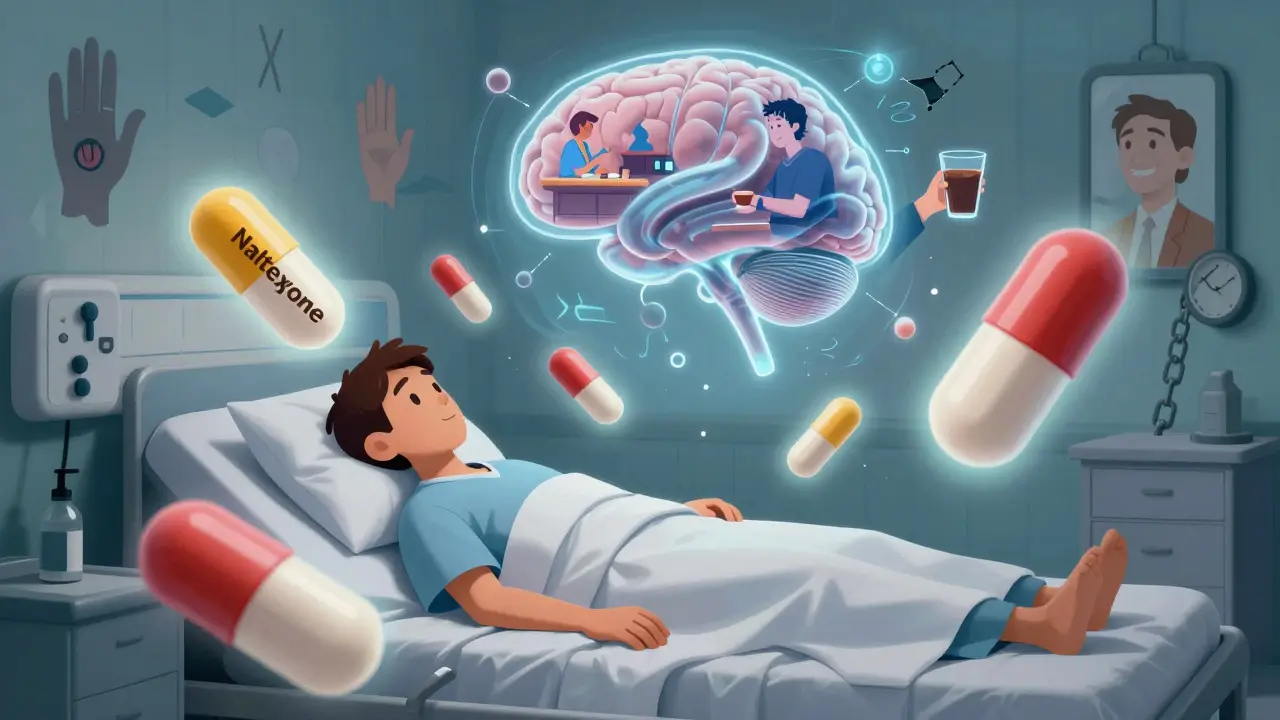 A patient surrounded by glowing medication pills and holograms of recovery moments in stylized cartoon art.