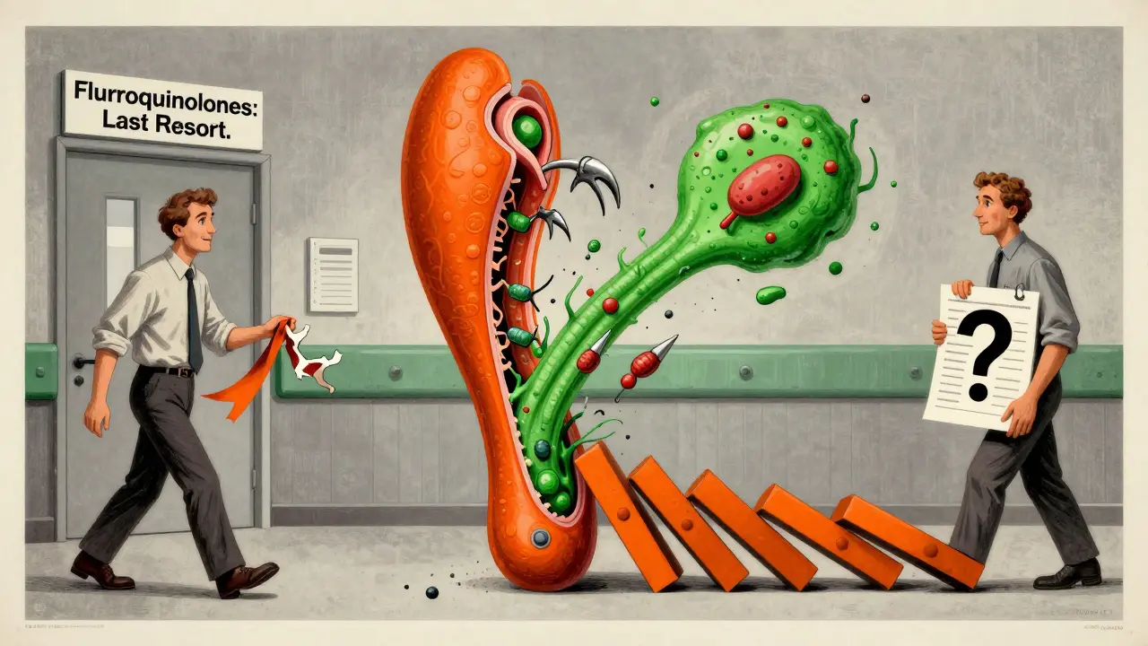 A split-open Achilles tendon revealing microscopic enzymes destroying collagen, in a hospital hallway setting.