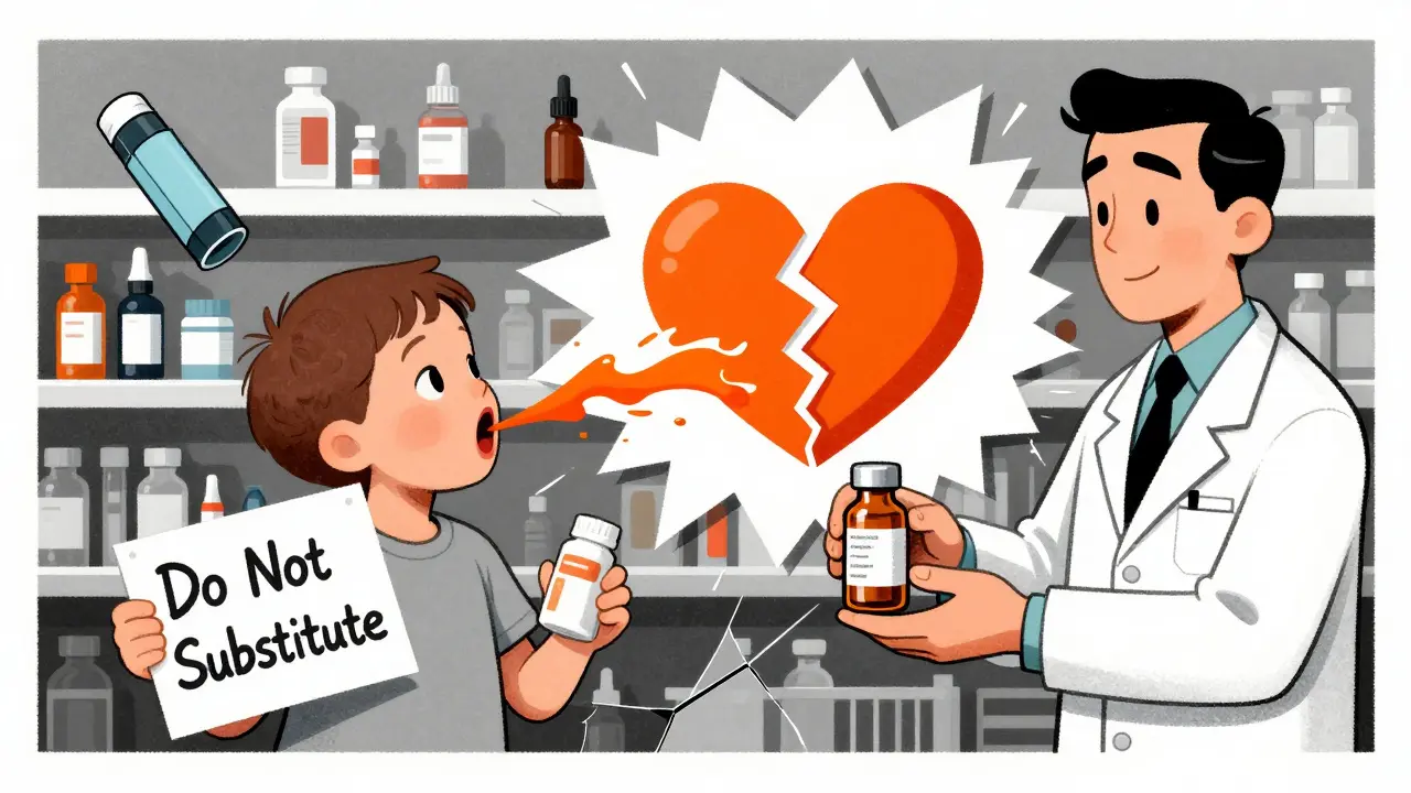 A toddler spits out medication that forms a broken heart, while doctors and pharmacists argue over substitution rules.