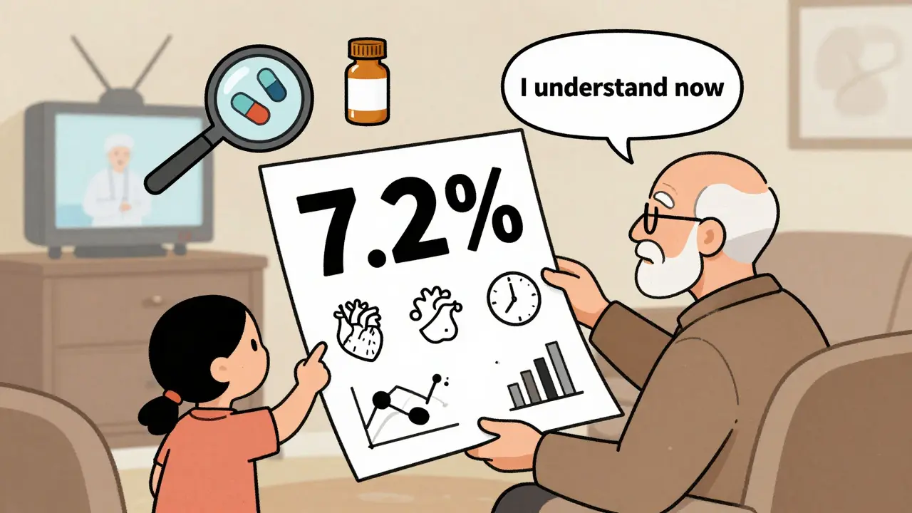 An elderly man and his granddaughter reviewing a illustrated pamphlet showing clear medication risks and benefits at home.