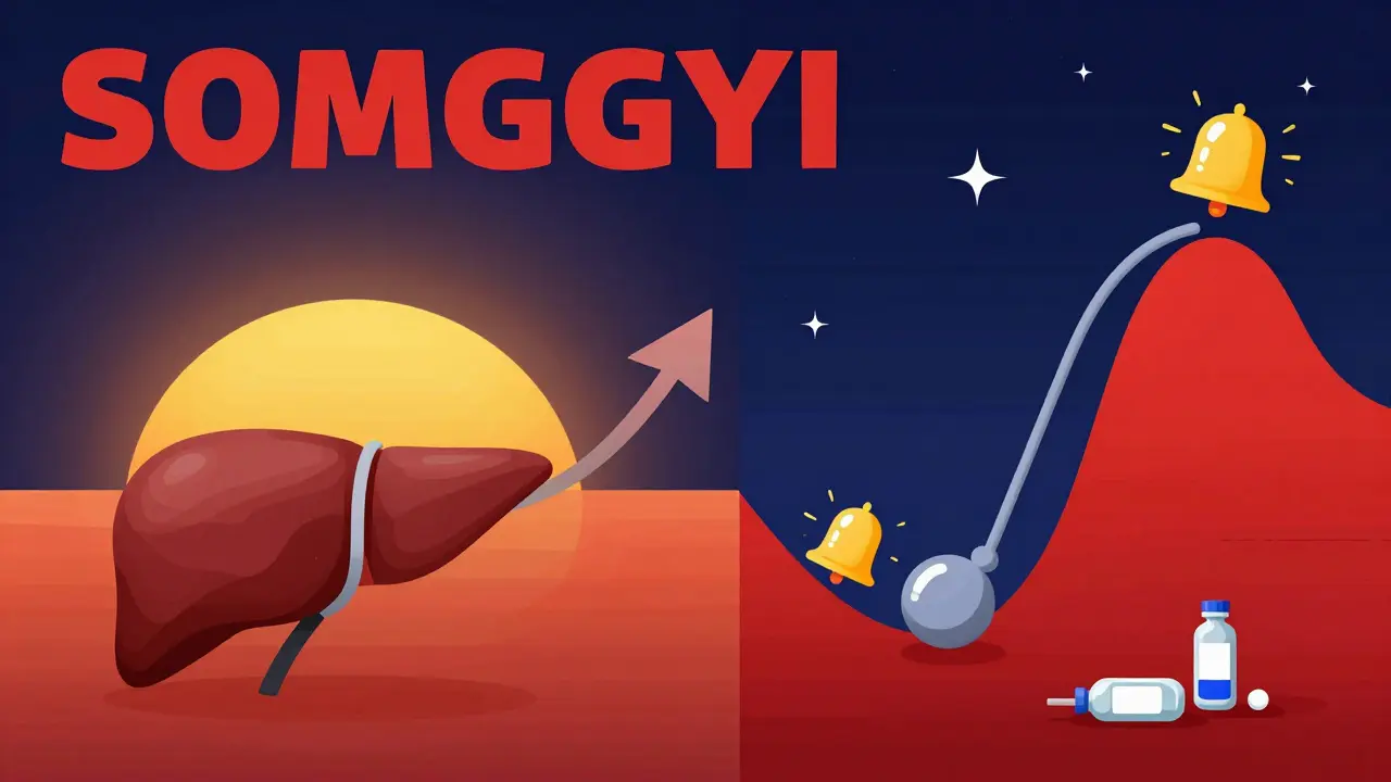 Contrasting two causes of morning high blood sugar: steady rise vs. rebound spike, shown in stylized symbolic panels.