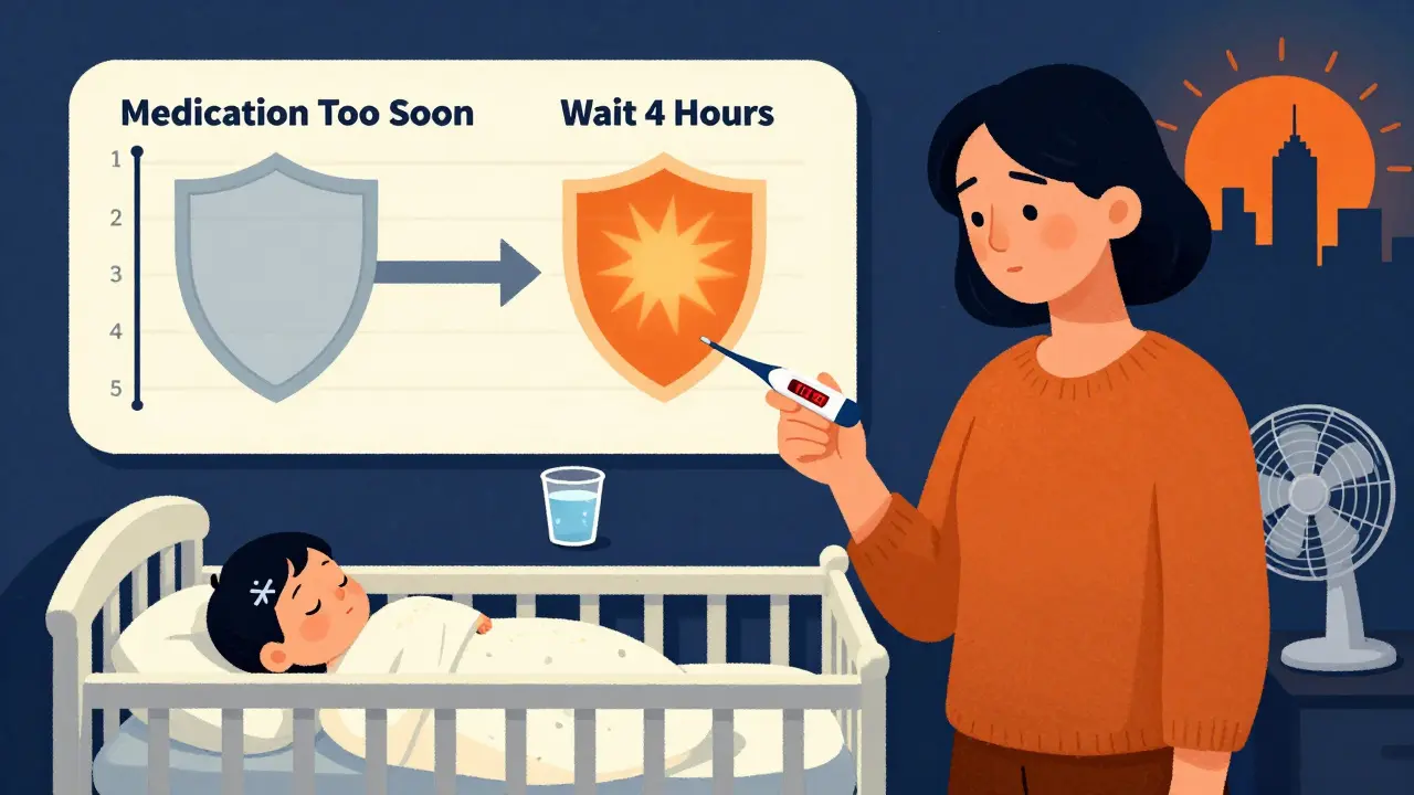 Mother holding a thermometer beside a sleeping baby, with a symbolic chart showing immune response paths in bold Polish poster style.