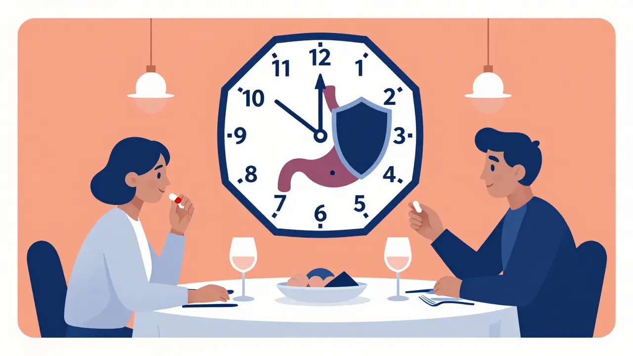 Person taking H2 blocker before dinner with shield blocking stomach acid.