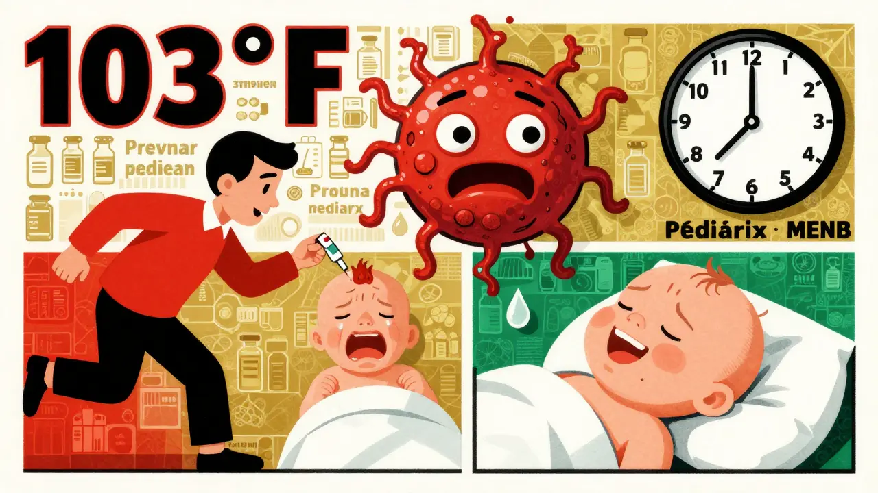 Split scene: left shows rushed fever treatment, right shows calm care after four hours, with a growing immune shield and vaccine icons in stylized design.