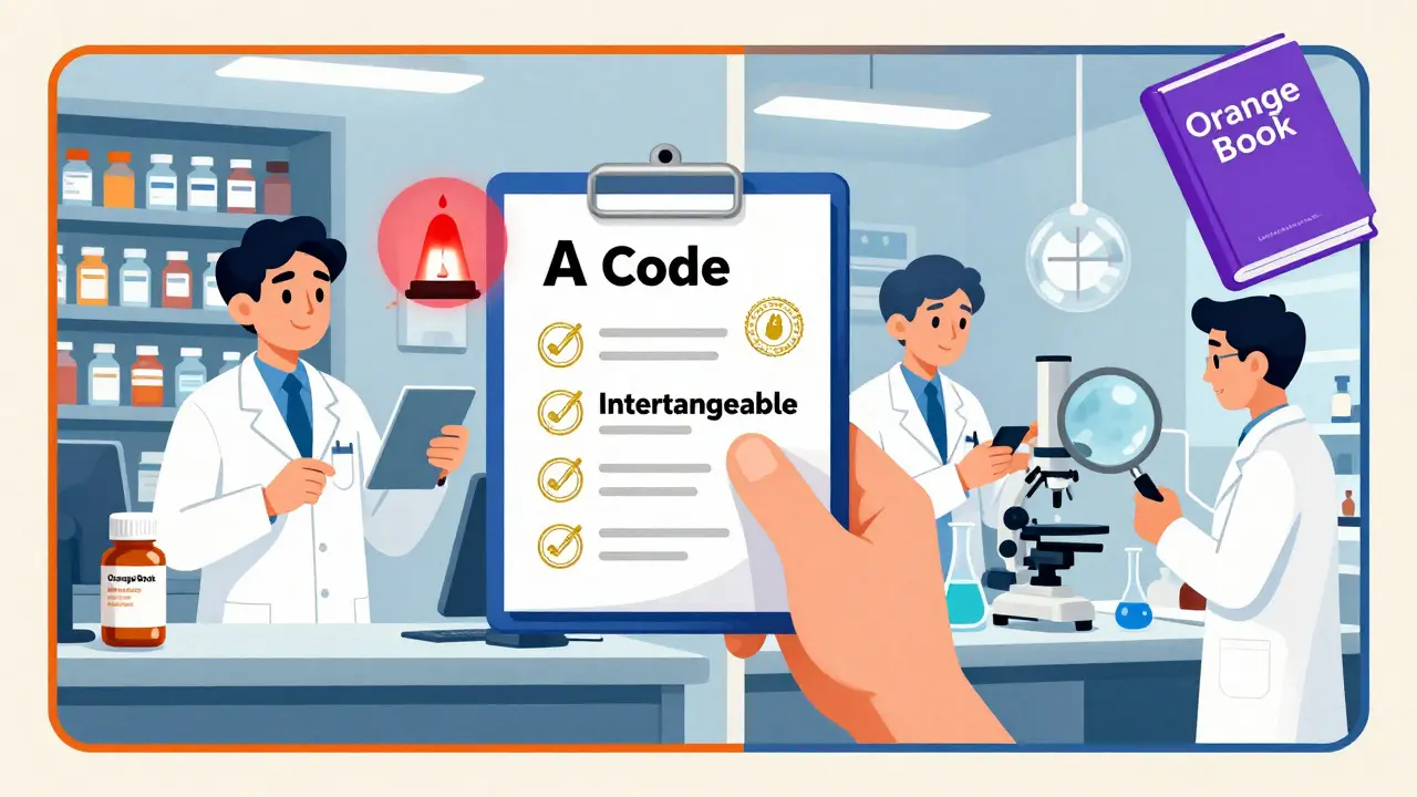 Split scene: pharmacist checking drug safety on Orange Book and scientists analyzing biosimilars using Purple Book.