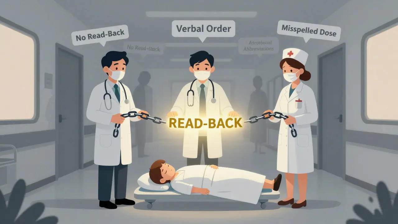 Three healthcare workers hold broken chain links of unsafe practices, with one glowing link labeled 'Read-Back' restoring safety over a sleeping patient.