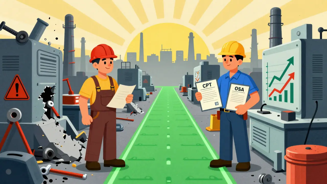 Two workers contrast: one surrounded by chaos without certification, another thriving with glowing pathways and salary graphs.