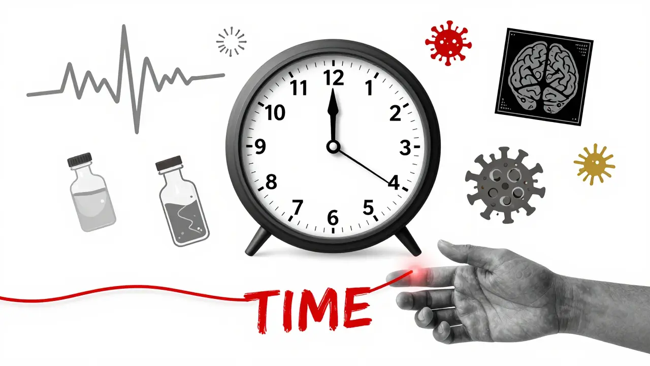 A clock with brain hands ticking backward, surrounded by medical symbols, as a hand reaches for a fading red thread labeled 'TIME'.