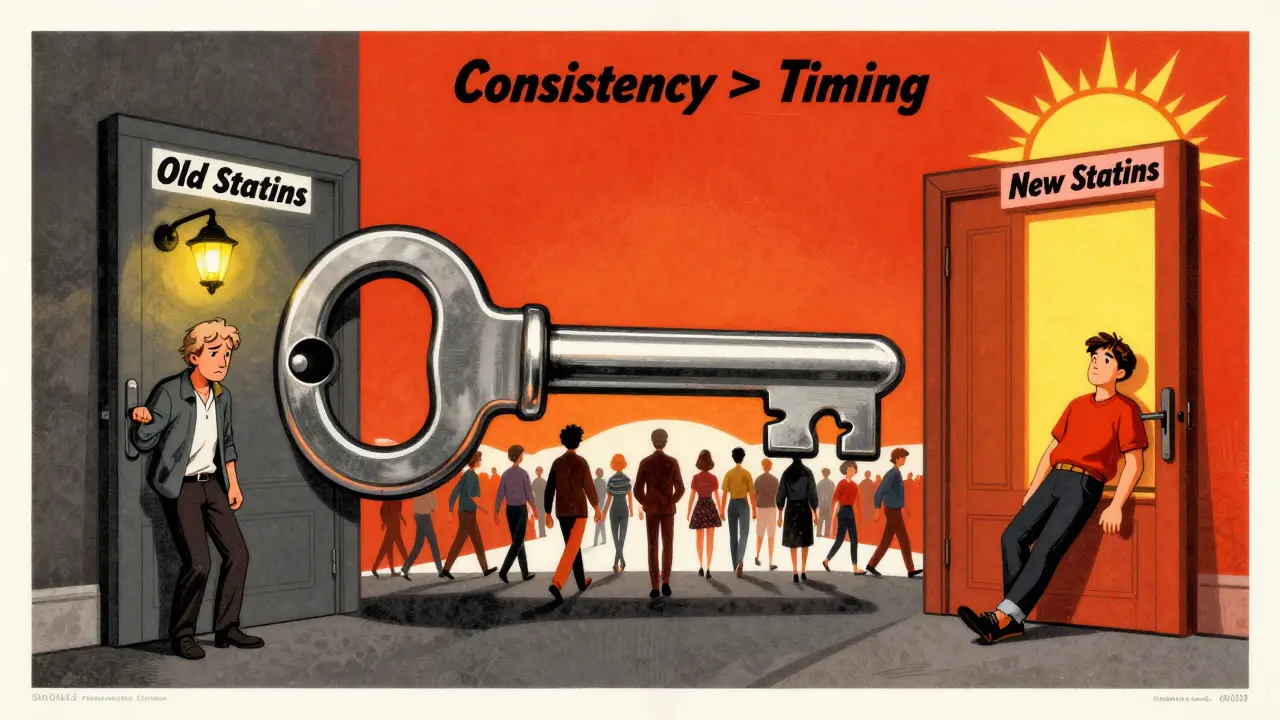 A giant statin pill unlocking doors for old vs. new statins, emphasizing consistency over timing.
