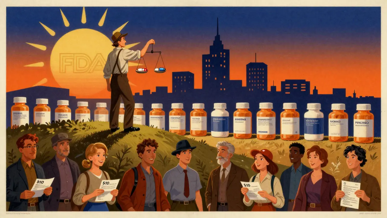 A patient balances generic and brand pills on a scale, overlooking a city of pills, with diverse people paying less for medicine.