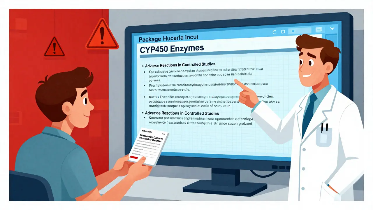 A pharmacist hands a patient a Medication Guide as a doctor points to a complex digital Package Insert on a screen, showing contrasting information styles.