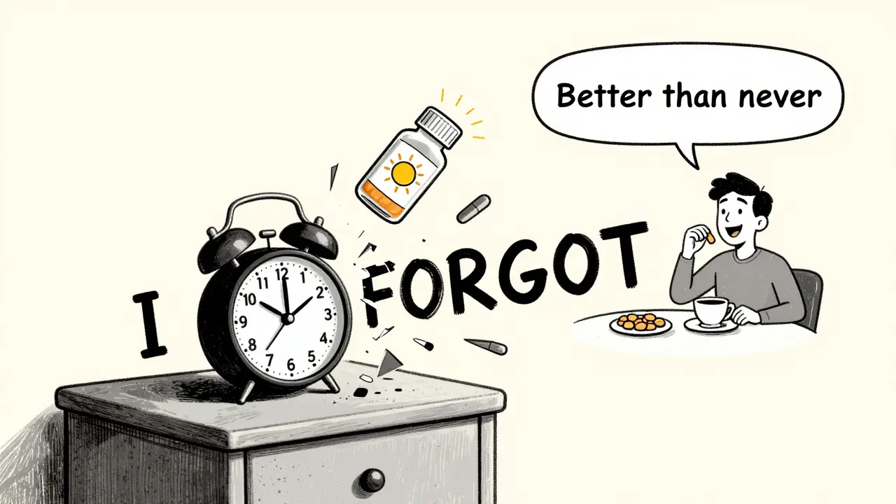 A shattered alarm clock forms 'I FORGOT' while a pill is taken at breakfast with sunlight.