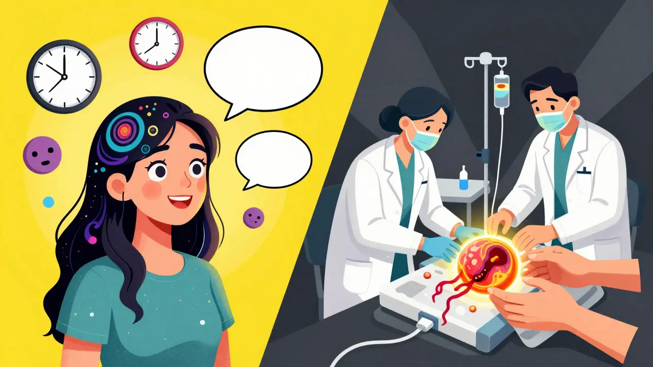 A split scene: one side shows psychiatric symptoms swirling around a woman, the other shows medical treatment with a glowing tumor being removed.