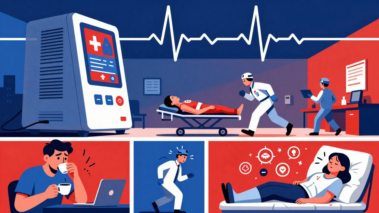 A surreal ER scene with a giant ECG machine as ceiling, paramedics rushing a patient, and contrasting health scenarios.