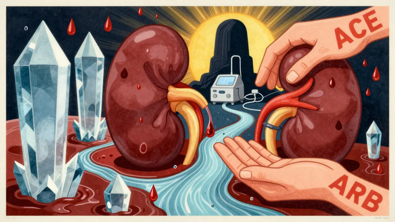 A surreal kidney landscape with protein rain diverted by ACEi and ARB hands, while dialysis looms in the distance.