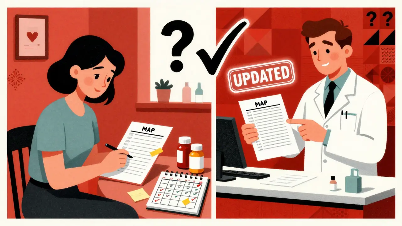 A woman updates her Medication Action Plan at home while a pharmacist verifies it at the pharmacy, shown in split-panel illustration.