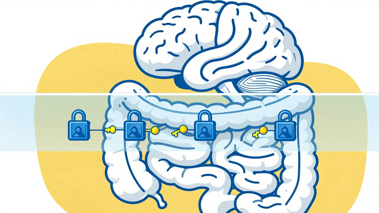 Abstract shield separating brain and gut with geometric lock symbols.
