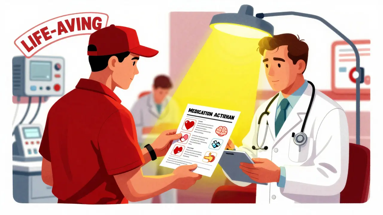 An emergency room staff member hands a laminated Medication Action Plan to a doctor, glowing with clear medication icons.