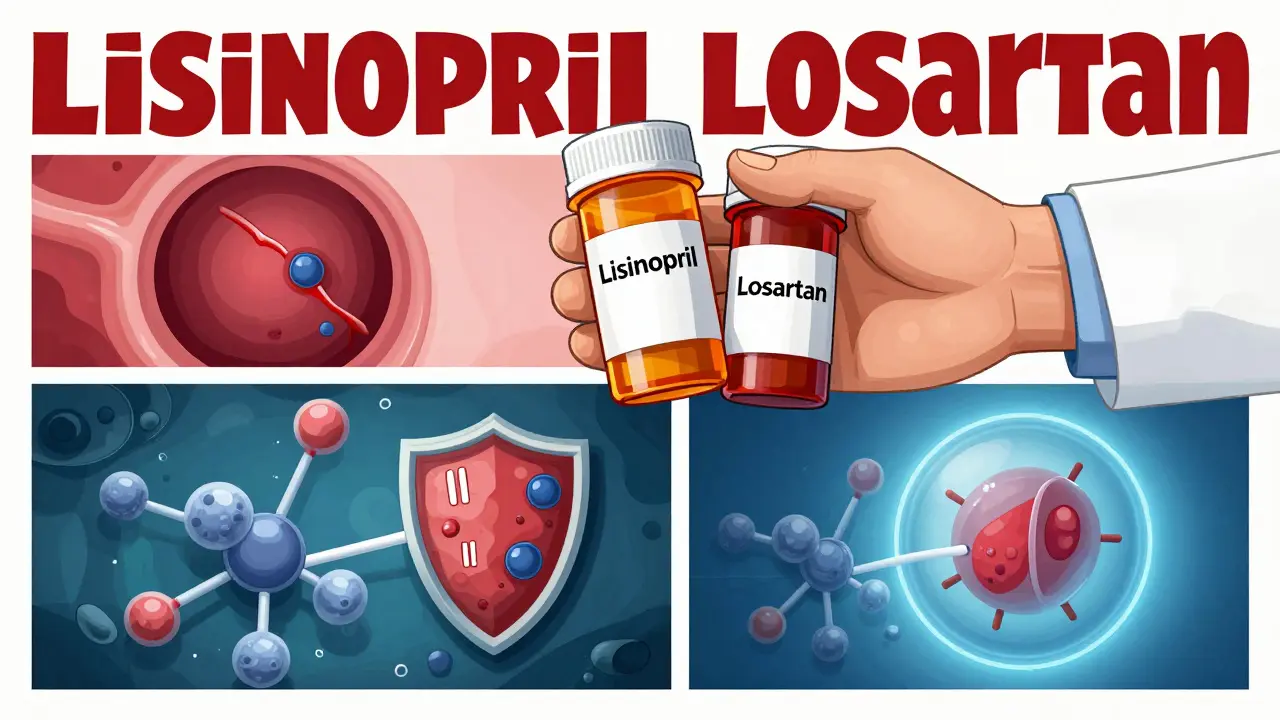 Split-panel illustration showing ACEi and ARB pills blocking harmful angiotensin II molecules in kidney microstructures.