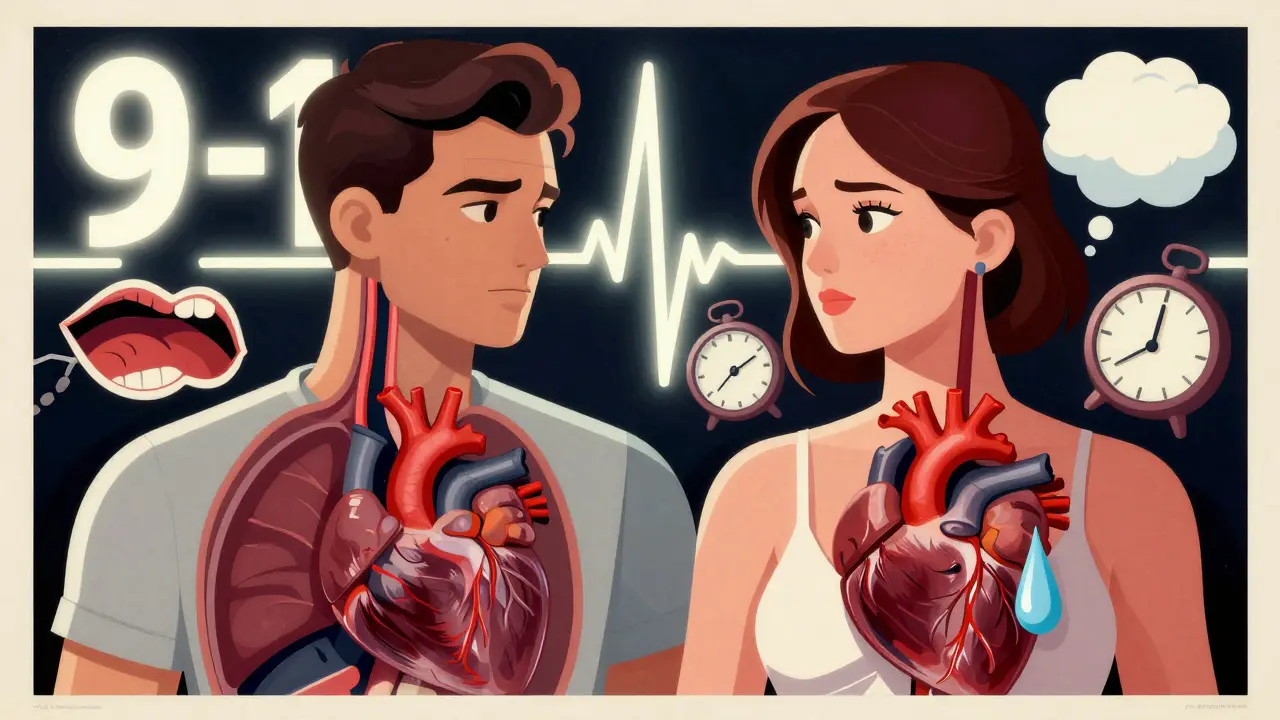 Split portrait of man and woman with transparent hearts showing different heart attack symptoms and a pulsing 9-1-1 number.