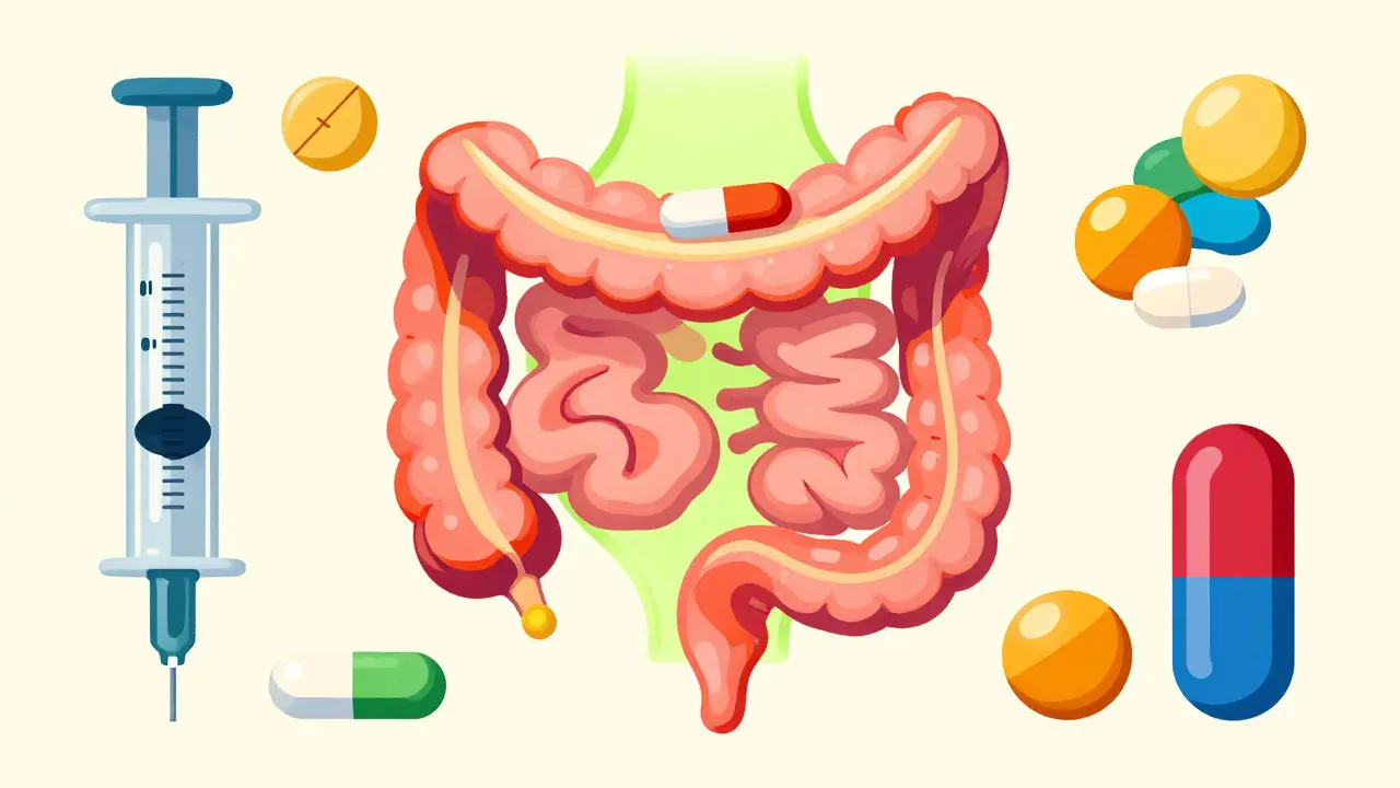 Syringe and pills arranged symmetrically around a clear pathway illustration.