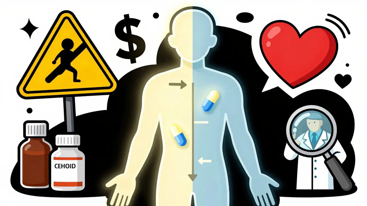 Transparent human silhouette with identical drug absorption paths, surrounded by symbolic icons of myths, cost, and trust.