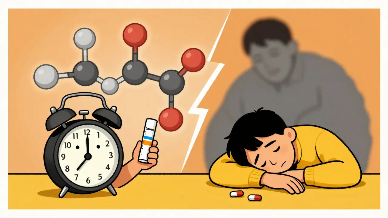 Two alarm clocks with people beside them — one awake with levocetirizine, one sleepy with cetirizine, molecular structures in background.