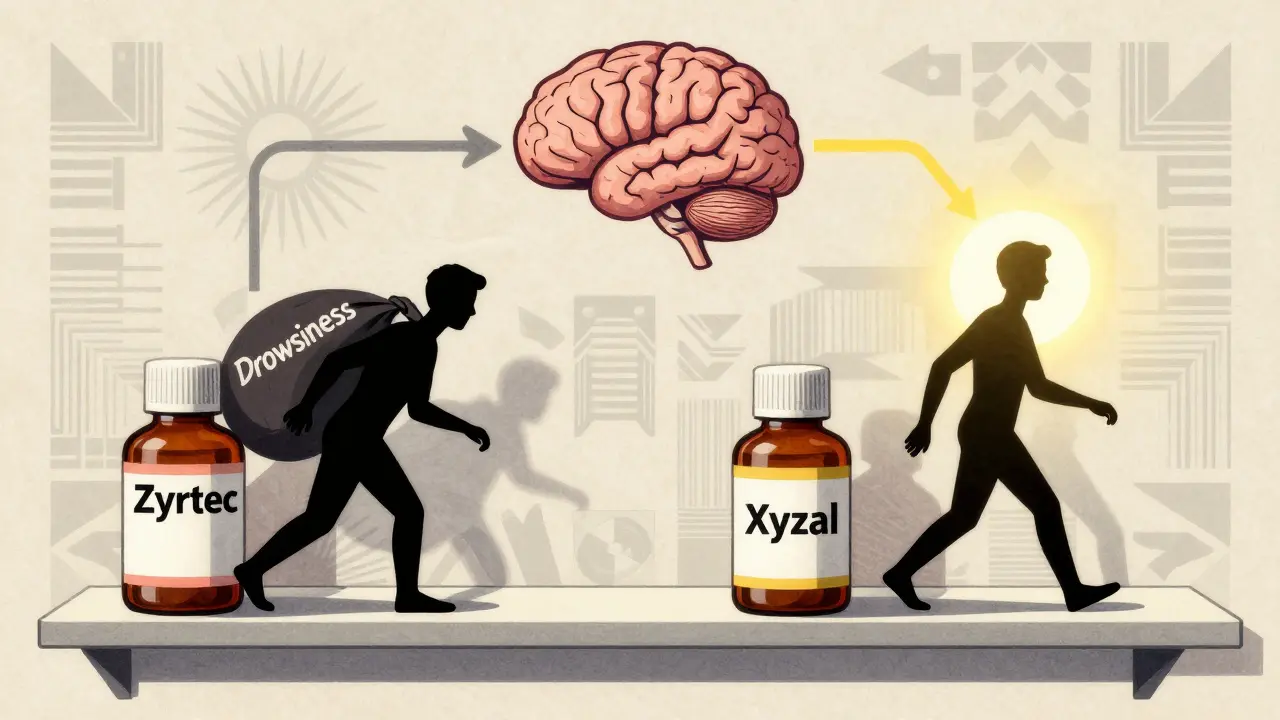 Two medicine bottles on a shelf casting shadows as human silhouettes, one heavy and tired, the other light and bright.