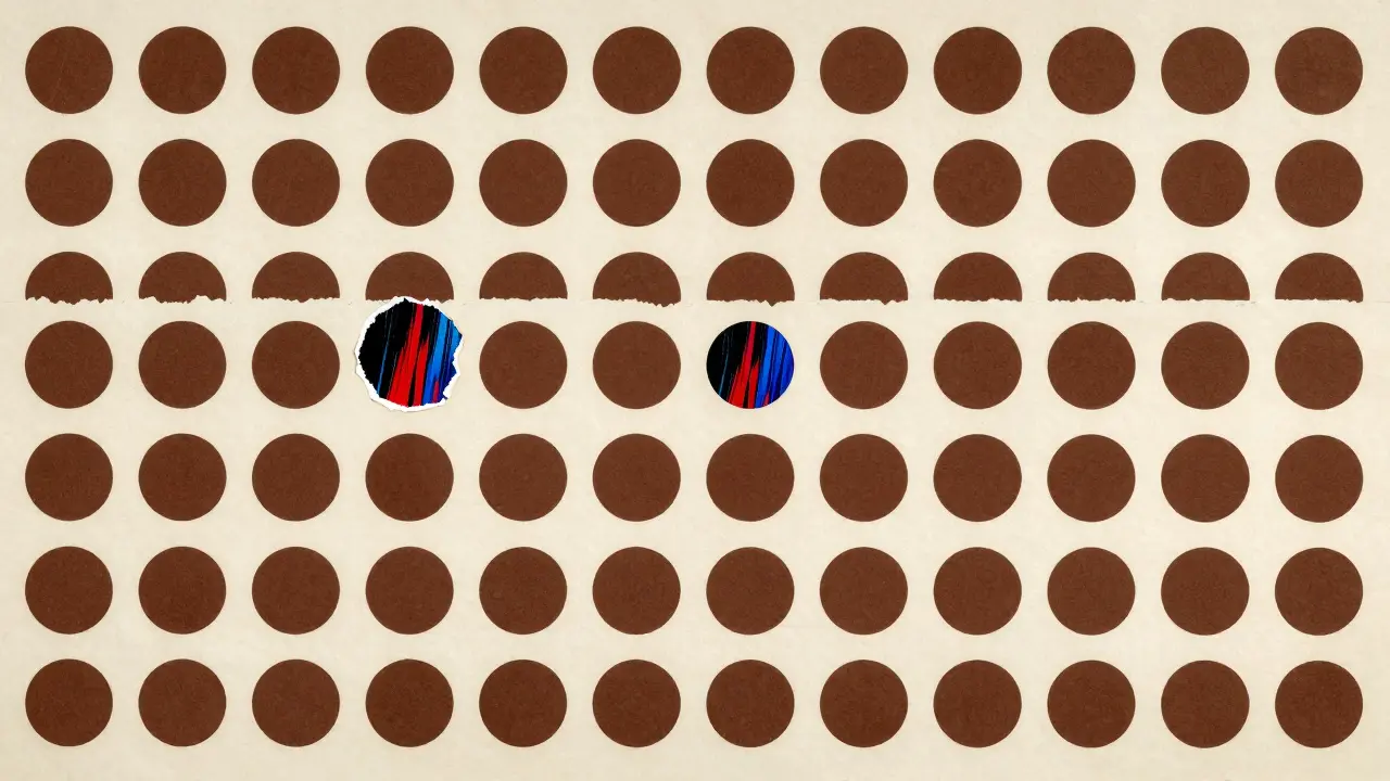 A group of uniform circles with one irregular, multicolored spot illustrating the Ugly Duckling sign.